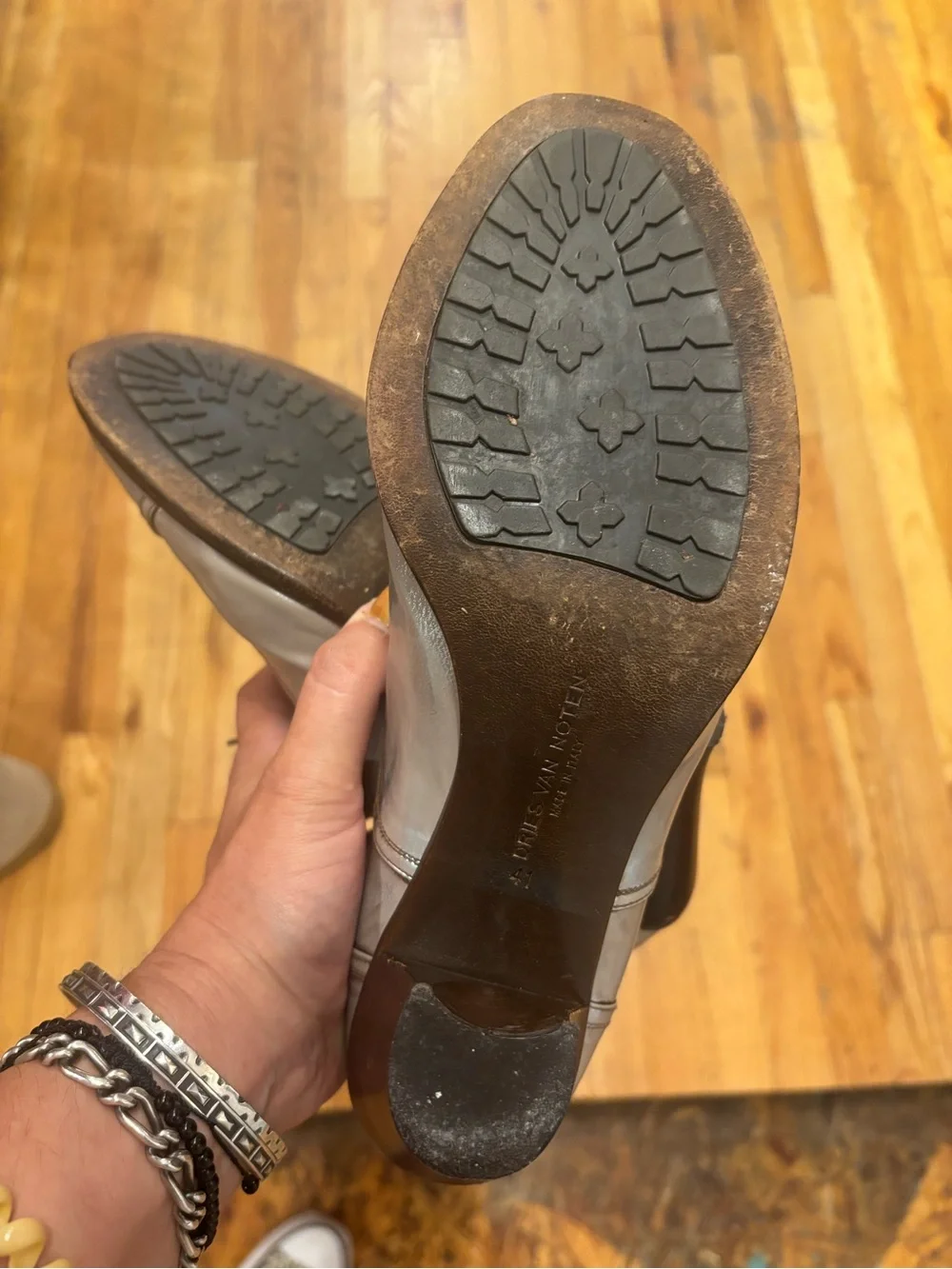 Dries Van Noten Silver Metallic Grey Lace-Up Heeled Oxfords